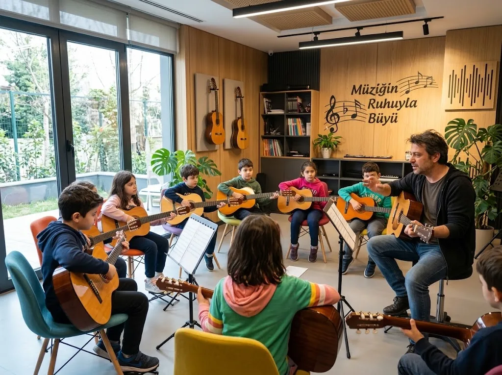 Öğretmeniyle birlikte gitar çalan çocuklar