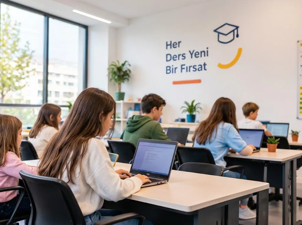 Dizüstü bilgisayarlarla kodlama dersi yapan öğrenciler