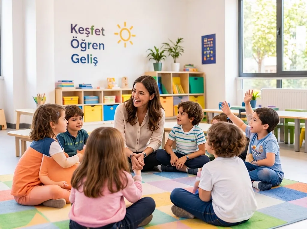 Halıda çember olup öğretmeniyle sohbet eden küçük çocuklar